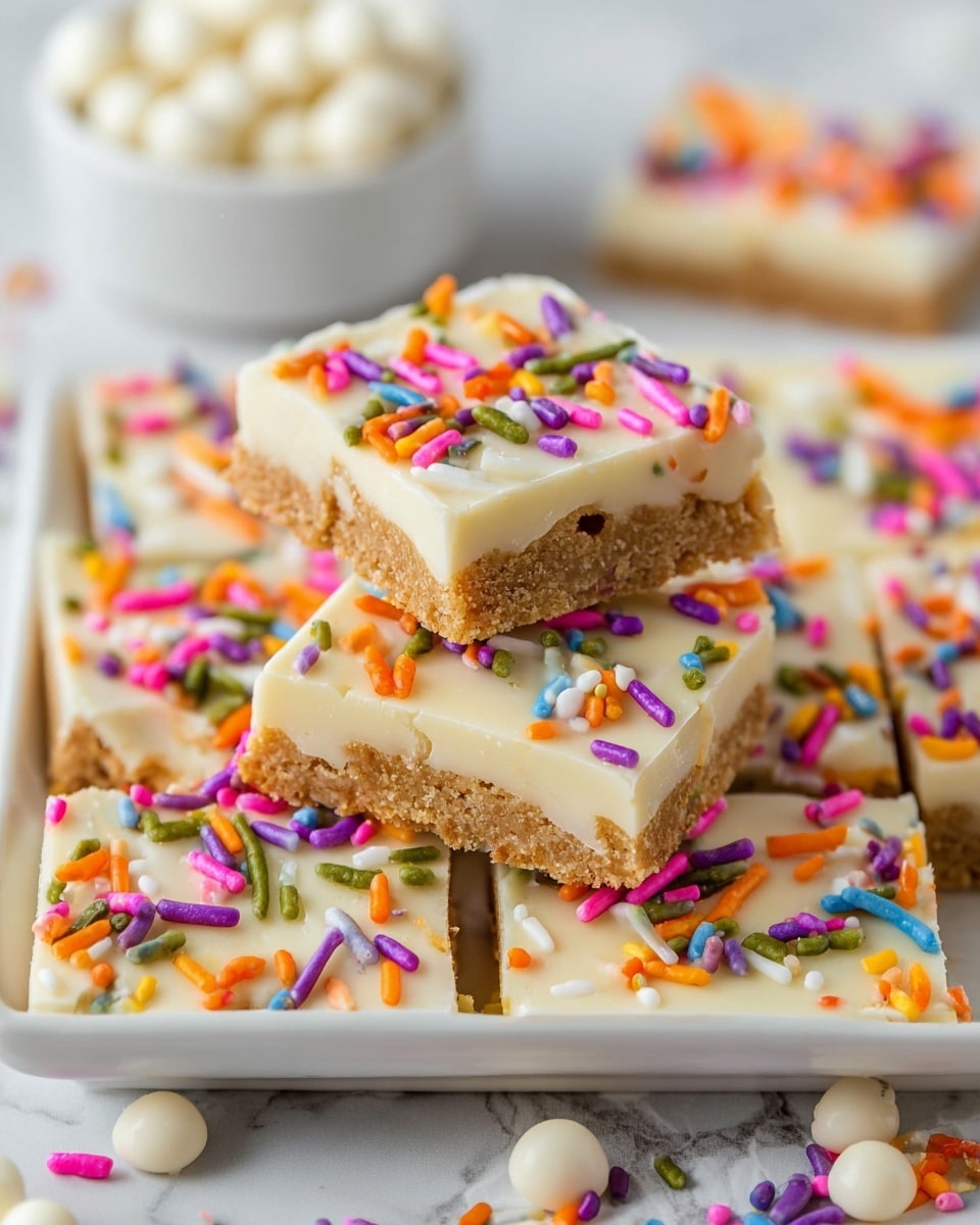 The image shows several square pieces of sweet treat arranged in a white tray, with each piece having two clear layers. The bottom layer is light brown with a textured, crumbly surface, while the top layer is smooth, creamy white and sprinkled with colorful, small cylindrical sprinkles in orange, purple, pink, green, blue, and white. The pieces are unevenly stacked, and the background features a soft white marbled surface with a white bowl containing white round candies visible in the top left corner. Photo taken with an iphone --ar 4:5 --v 7