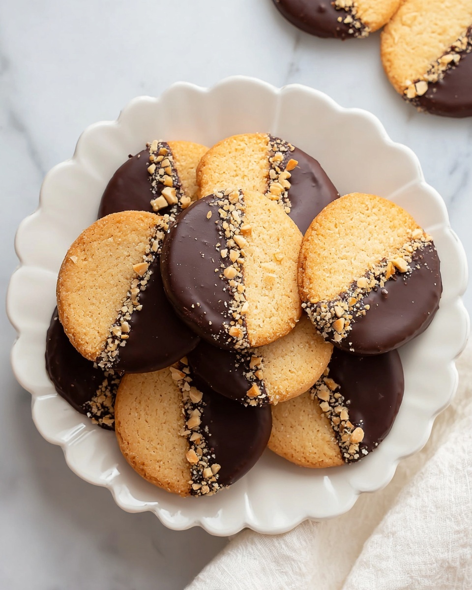 A white scalloped plate holds a pile of round golden brown cookies, each dipped halfway in smooth, dark chocolate. Some cookies have the chocolate half sprinkled with small chopped nuts, adding a rough texture on one side, while others have plain glossy chocolate. The cookies are stacked unevenly, showing their crumbly surface and rich chocolate coating. The plate sits on a white marbled surface with one cookie placed off to the upper right corner, and a soft white cloth partially visible at the lower right. photo taken with an iphone --ar 4:5 --v 7