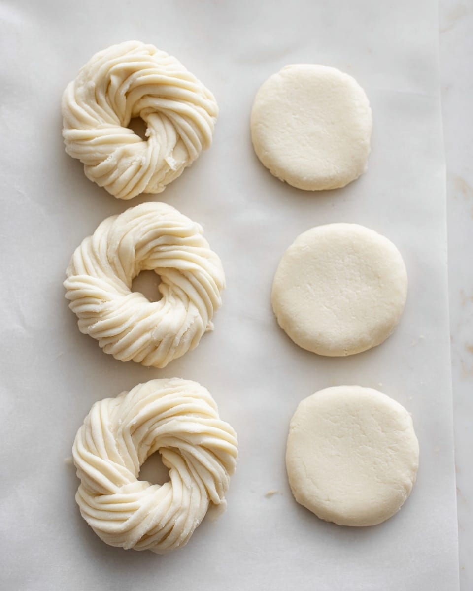 The image shows six pieces of light cream-colored dough placed on a white parchment paper on a white marbled surface. On the left, there are three piped dough rounds shaped like swirled rings with thick ridges, each with a hollow center. On the right, there are three smooth, round dough discs that are flat and solid with soft edges. The arrangement is in two vertical columns with the piped rounds on the left and the solid discs on the right. The lighting is soft and natural, highlighting the texture of the dough. Photo taken with an iphone --ar 4:5 --v 7