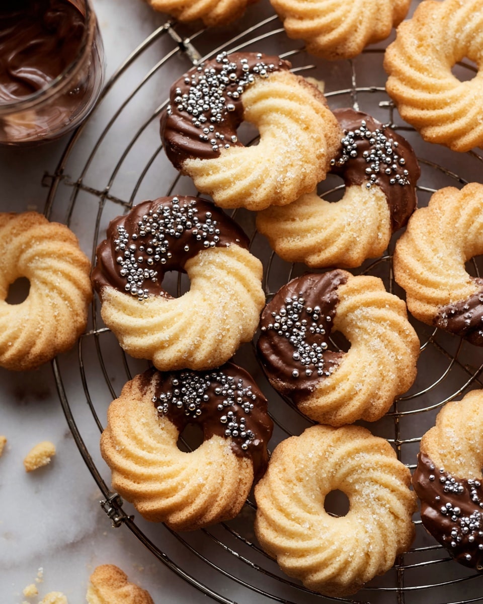 The image shows two types of light golden brown butter cookies arranged on a round black cooling rack and a white marbled surface in the background. One type of cookie is a ring shape with ridges and has half of it dipped in dark chocolate sprinkled with small silver balls; the chocolate contrasts with the soft cookie texture. The other type of cookie is small, round, and swirled with a smooth edge, with some also half dipped in the dark chocolate and decorated with silver balls. The cookies have a crumbly texture with small crumbs scattered around on the surface. photo taken with an iphone --ar 4:5 --v 7