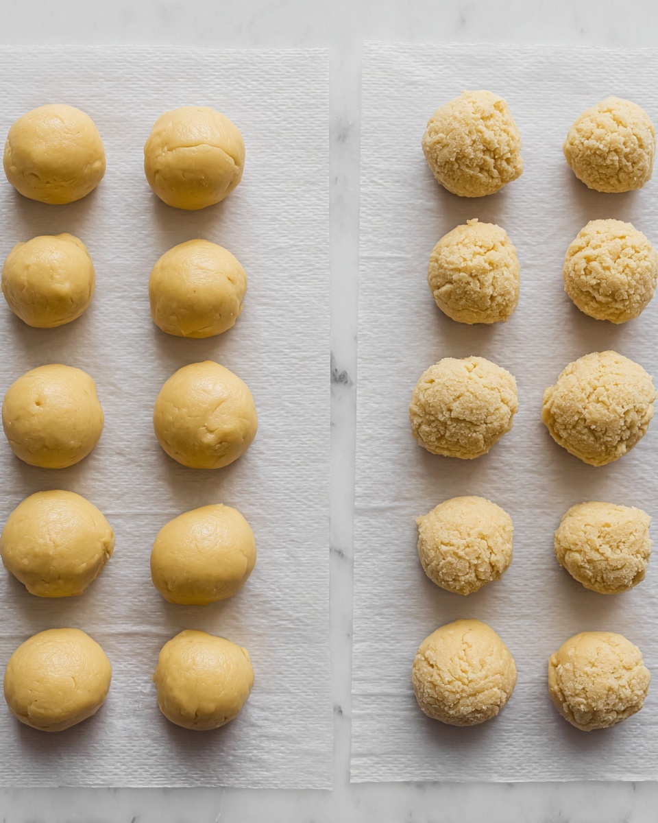 The image shows two groups of round dough balls placed on white parchment paper, with three rows and two columns each. The left group has smooth and shiny pale yellow dough balls that look tightly packed and round, while the right group has rougher, slightly crumbly-textured dough balls of similar size and color but with an uneven surface. Both sets are evenly spaced on a white marbled surface, highlighting the texture contrast between the two types of dough. photo taken with an iphone --ar 4:5 --v 7