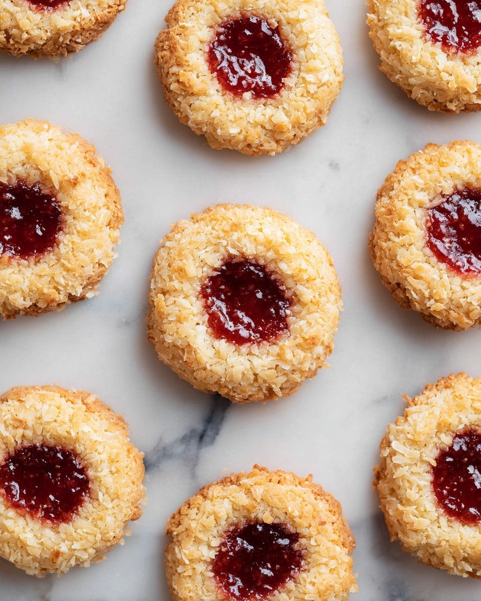 The image shows a group of thumbprint cookies arranged on a white marbled surface, each cookie having two layers: the outer layer is a golden brown coconut texture that looks slightly rough and crumbly, while the center is filled with a deep red jam that appears shiny and smooth. The cookies are evenly spaced in a loose grid pattern, and the light falls softly from above, highlighting the coconut flakes and the glossy jam center. photo taken with an iphone --ar 4:5 --v 7