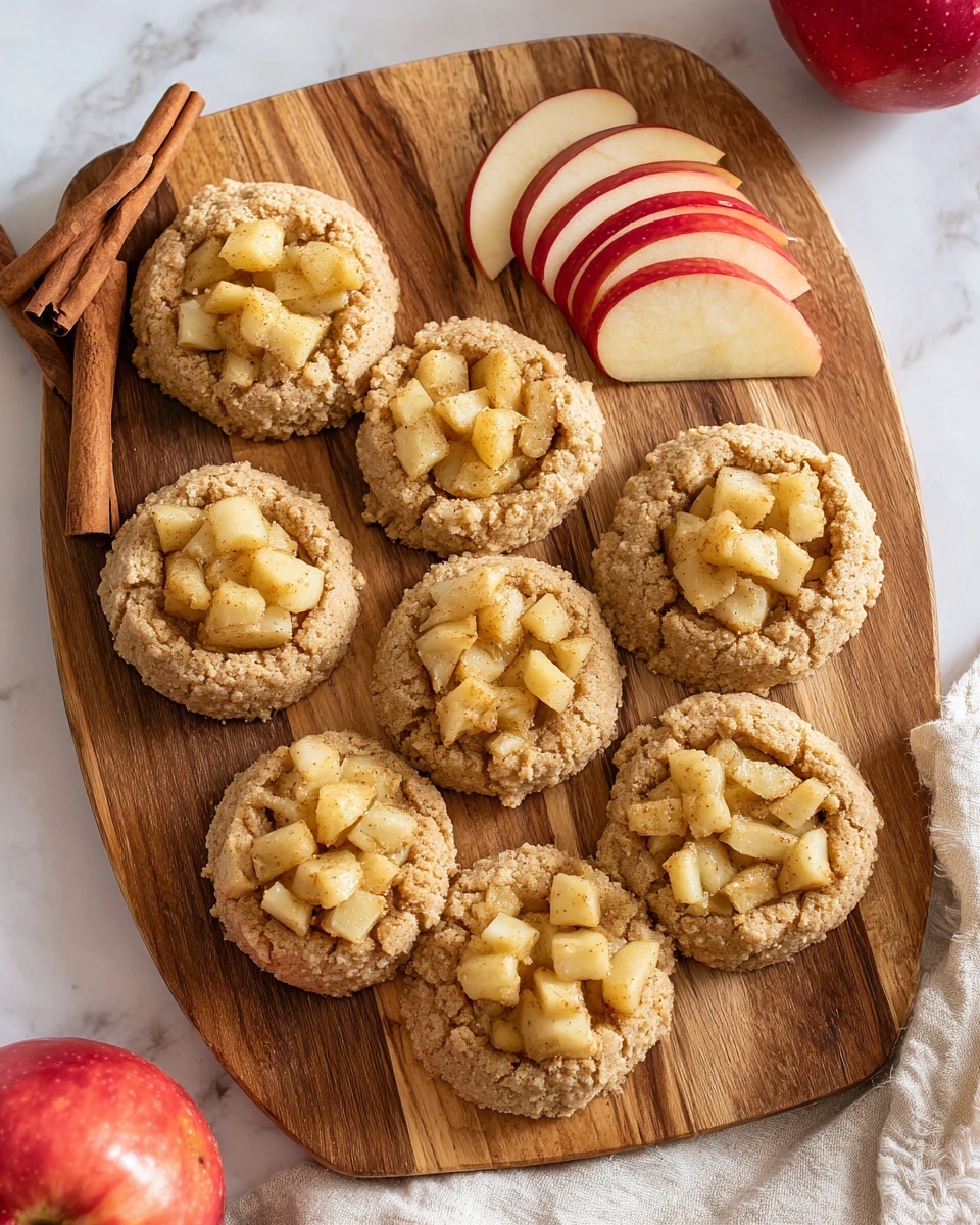 The image shows eight round cookies placed on a wooden board with a natural brown color and visible grains. Each cookie has one layer of light brown, crumbly cookie dough forming a thick, rough circle with a hollow center filled with small, diced pieces of cooked apple that are a golden yellow color. The cookies are arranged closely together, some touching each other. On the top right of the board, there are three thin slices of red apple with a white inside stacked neatly. Behind the apple slices, there are two cinnamon sticks and a red whole apple with a white cloth partially covering the right edge. The board is set on a white marbled surface. Photo taken with an iphone --ar 4:5 --v 7