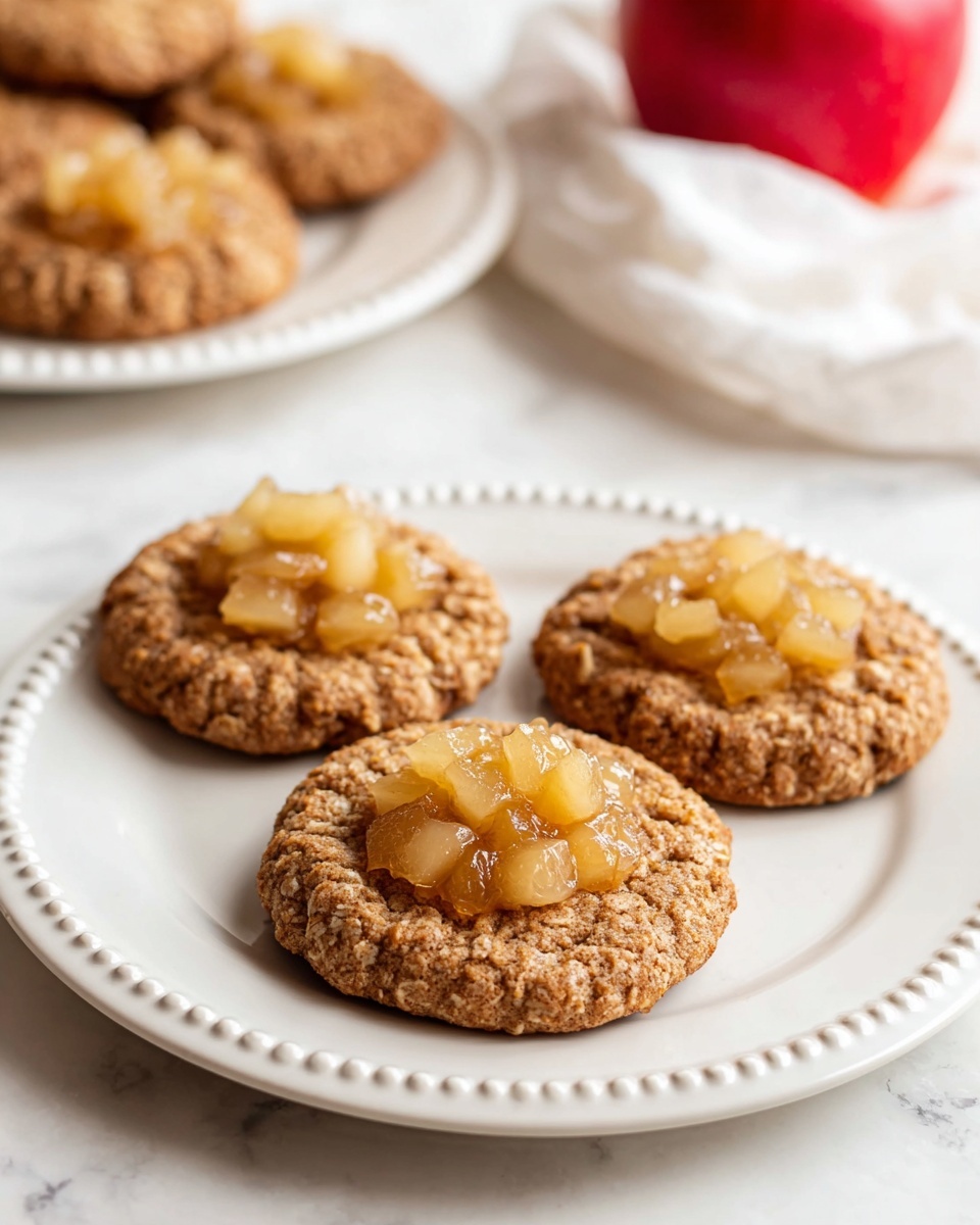 The image shows three round cookies on a white plate with a beaded edge, each cookie having two visual layers: the base layer is a textured golden-brown oat cookie with a crumbly surface, and the top layer is a small heap of glossy, chopped apple pieces in a golden syrup placed in the center, forming a small mound. In the background, there is another white plate with similar cookies, and a red apple partially wrapped in a white cloth, all set on a white marbled surface. photo taken with an iphone --ar 4:5 --v 7