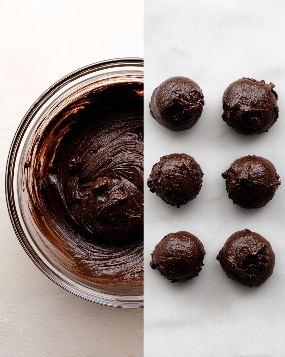The image is split into two parts: the left side shows a clear glass bowl filled with thick, dark brown chocolate batter that has a smooth and slightly shiny surface with swirled texture. The right side shows six rounded dollops of the same dark brown batter spaced evenly on a white marbled surface, each dollop having a rough and creamy texture with small peaks. photo taken with an iphone --ar 4:5 --v 7