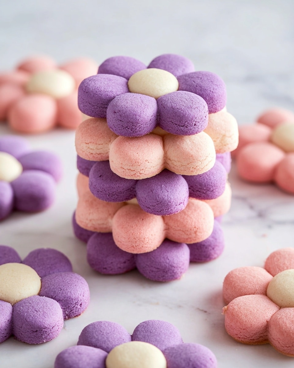The image shows a stack of flower-shaped cookies on a white marbled surface. The stack has four layers: the first and third layers are purple with six rounded petals, the second and fourth layers are pink with six rounded petals, and the center of each flower is light cream colored and round. Around the stack, there are several flat flower cookies in pink and purple, also with six rounded petals and cream-colored centers, placed randomly on the surface. The texture of the cookies looks soft and slightly cracked. Photo taken with an iphone --ar 4:5 --v 7