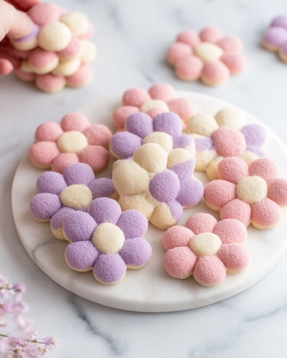 The image shows soft flower-shaped cookies arranged on a white marbled round board placed on a similar white marbled surface. Each cookie has seven rounded petals forming the outer layer and a small circle in the center, making two layers. The petals are either light pink or light purple with a powdery texture, while the centers are a creamy off-white color. The flowers are evenly spaced with some overlapping near the middle of the board. Near the edge, part of a woman's hand is holding one cookie, suggesting they are being picked up. In the background, slightly blurred, there are more cookies stacked casually on the white marbled surface. Photo taken with an iphone --ar 4:5 --v 7