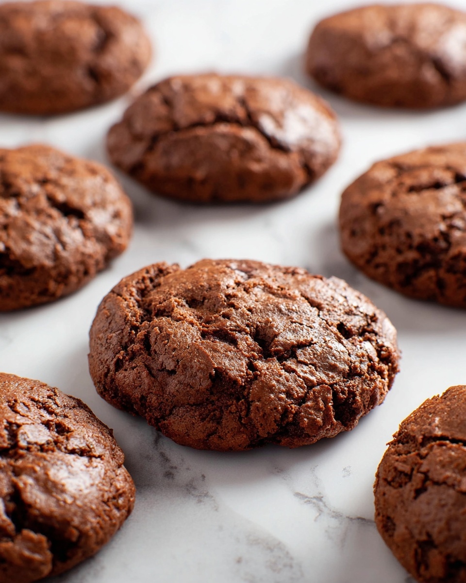 Several round, thick chocolate cookies with a cracked, textured surface are arranged in a loose pattern on a surface with a white marbled texture. The cookies are rich brown in color with an uneven, rustic look and a soft, slightly bumpy exterior. The focus is sharp on the cookie in the center, while the surrounding cookies are slightly blurred, creating depth. The lighting softly highlights the moist texture of the cookies, making them look freshly baked. Photo taken with an iphone --ar 4:5 --v 7