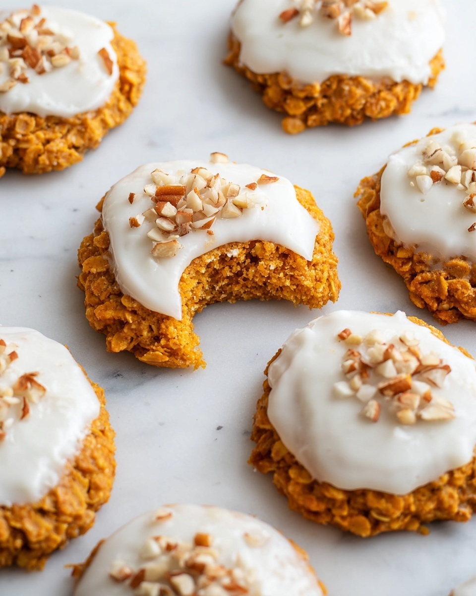 The image shows round orange oatmeal cookies with a rough, chunky texture, each topped with a smooth, white creamy layer that looks soft and slightly fluffy. On top of the creamy layer are small pieces of chopped nuts scattered evenly. One cookie in the center has a bite taken out, revealing a dense inside with the same orange oatmeal texture. The cookies are placed directly on a white marbled surface, arranged in a loose group with soft natural light highlighting the details. photo taken with an iphone --ar 4:5 --v 7