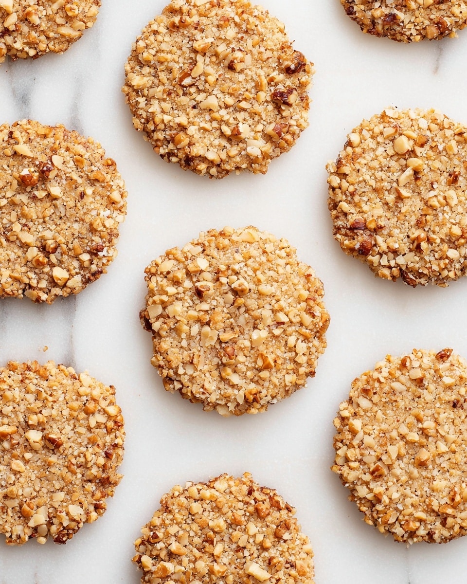 The image shows nine round nut cookies laid out evenly on a white marbled surface. Each cookie has a rough texture with small, chopped golden-brown nuts tightly packed together, giving them a crunchy look. The nuts vary in size, creating a natural, uneven surface on each cookie. The cookies are light golden in color with some slightly darker brown areas that add depth. The arrangement is neat, with cookies spaced to show the white marbled surface clearly between them. photo taken with an iphone --ar 4:5 --v 7
