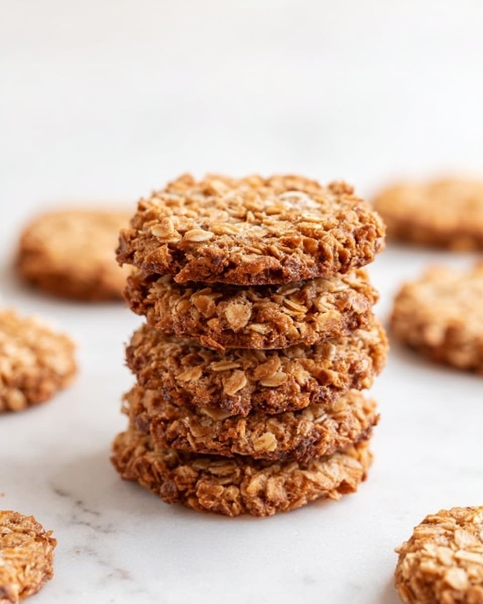 The image shows a small stack of seven round oat cookies placed in the center on a white marbled surface. Each cookie is light brown in color, rough in texture with visible pieces of oats and small bits of nuts, giving them a crunchy look. Around the stack, several more oat cookies lie flat, partially visible and blurred, highlighting the main stack. The background is bright and clean, with a white tone that makes the cookies stand out. photo taken with an iphone --ar 4:5 --v 7