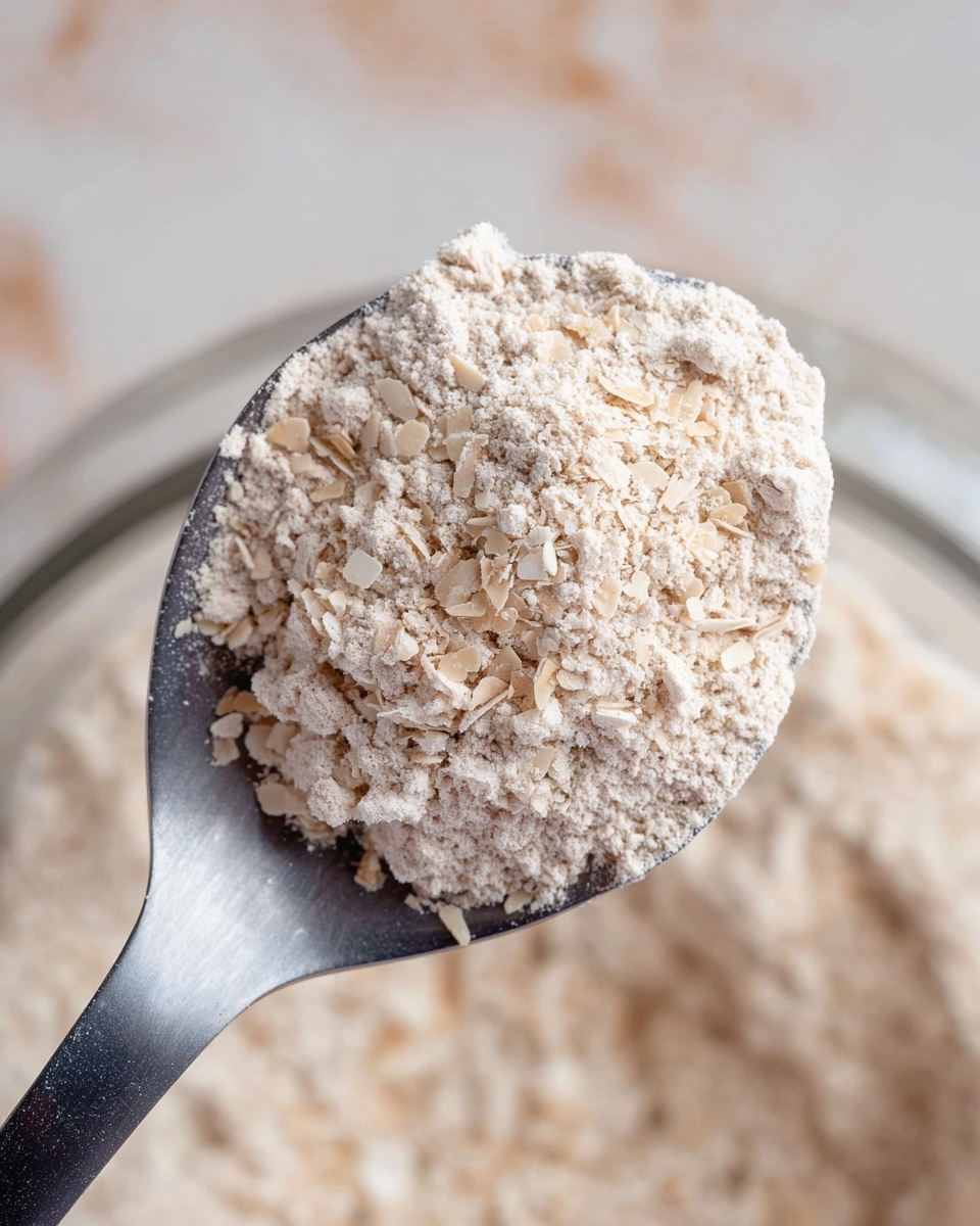 A close-up image of a silver spoon filled with fine, light tan powder mixed with small flakes, appearing soft and slightly fluffy in texture. The spoon is held above a blurred container filled with the same powdery and flaky substance. The background shows a white marbled texture with soft, neutral tones. Photo taken with an iphone --ar 4:5 --v 7