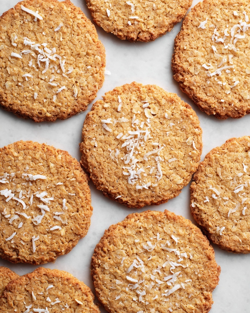 A group of round, flat oatmeal cookies with a light golden brown color sits on a white marbled surface. Most cookies have a rough, textured look from the oats, while some are topped with small white coconut flakes scattered unevenly on top. The cookies are placed close to each other, filling the frame in a casual arrangement. photo taken with an iphone --ar 4:5 --v 7