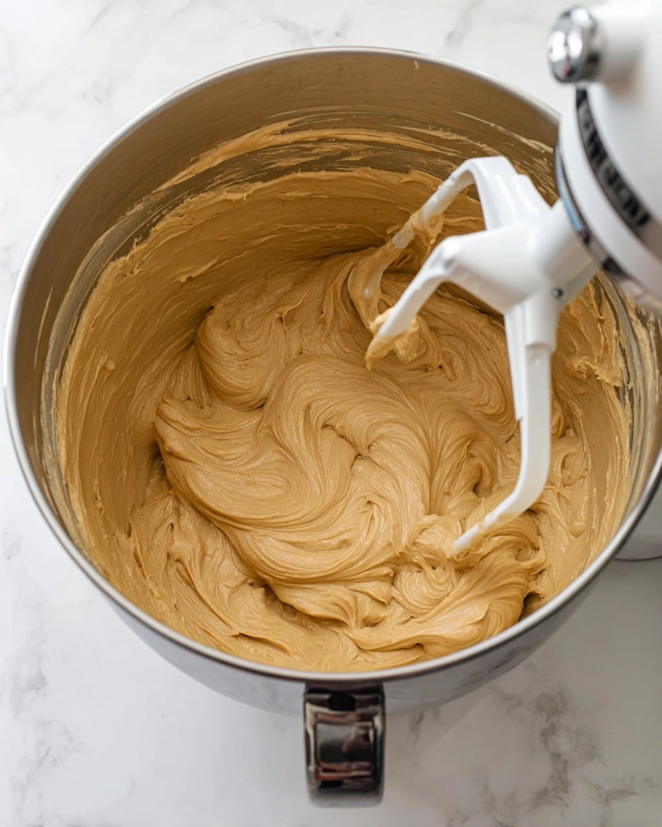 A shiny metal mixing bowl filled with light brown, thick, smooth batter being mixed by a white mixer attachment. The batter fills most of the bowl and has swirled and creamy texture with some soft peaks. The bowl is placed on a white marbled surface, showing a clean and bright kitchen setting. Photo taken with an iphone --ar 4:5 --v 7