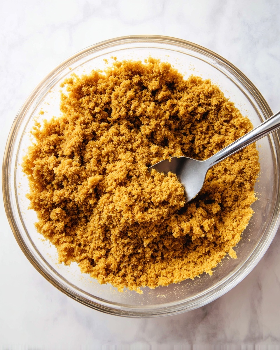 A clear glass bowl filled with a thick layer of crumbly, golden brown mixture with a coarse texture, with a silver spoon partially buried in the mixture on the right side, all set on a white marbled surface. photo taken with an iphone --ar 4:5 --v 7