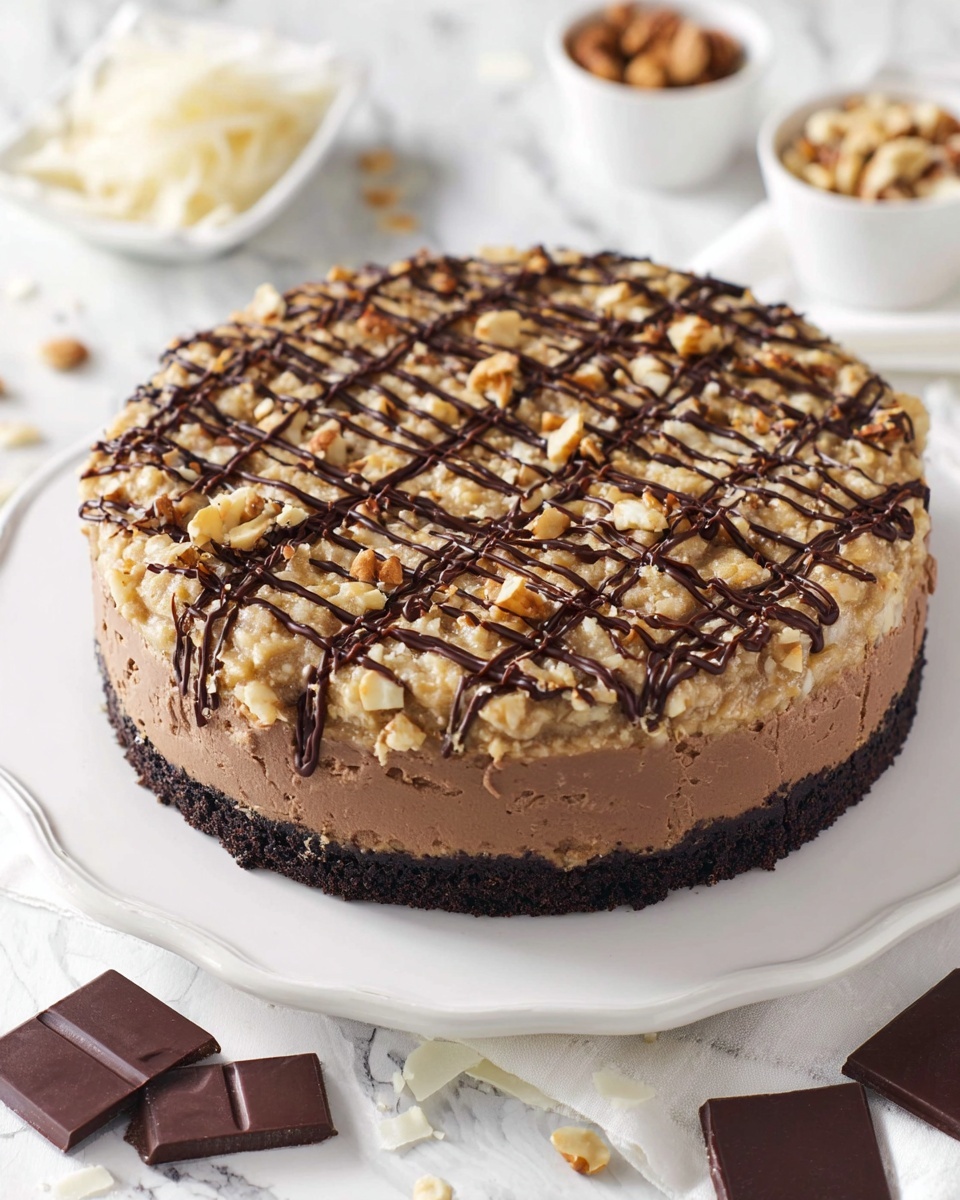 The image shows a three-layer round dessert on a white plate with scalloped edges, placed on a white marbled surface. The bottom layer is dark and thick with a slightly crumbly texture, resembling a chocolate crust. The middle layer is smooth and dense, medium brown in color, likely a chocolate mousse or cream. The top layer is chunky and light tan with visible pieces of nuts mixed in, giving a rough texture. This top layer is decorated with a dark chocolate drizzle arranged in a crisscross pattern, and small nut pieces are scattered across the top and around the edge of the plate. In the background, there are small white bowls with chopped nuts, white shreds, and chunks of dark chocolate. photo taken with an iphone --ar 4:5 --v 7