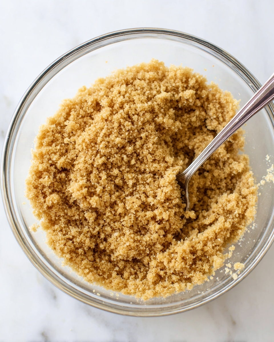 A clear glass bowl filled with a thick layer of golden brown crumbly mixture with a slightly rough texture, sitting on a white marbled surface. A shiny metal spoon rests inside the bowl on the right side, partly submerged in the crumbly mixture, creating small indentations around it. The mixture looks soft and sandy with a fine grainy appearance, evenly spread in the bowl. photo taken with an iphone --ar 4:5 --v 7