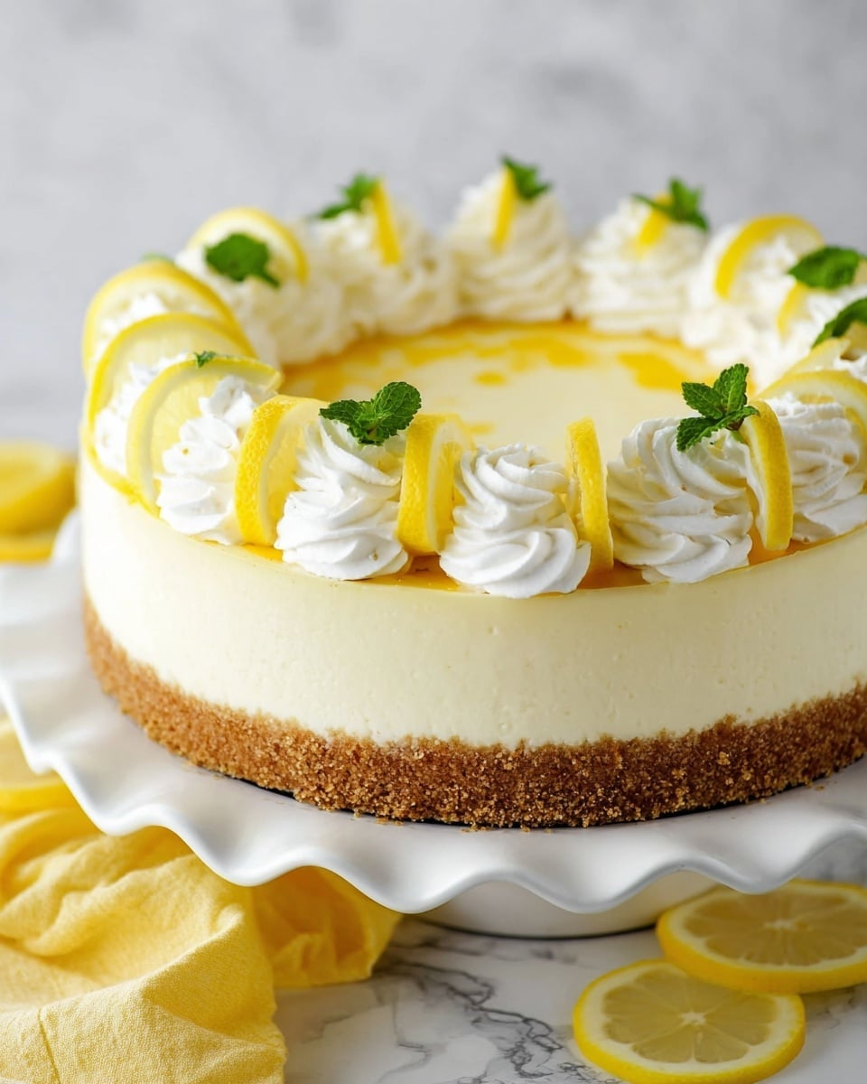 A round lemon cheesecake with three visible layers sits on a white scalloped-edged plate. The bottom layer is a thick, rough-textured light brown crumb crust. The middle layer is creamy pale yellow cheesecake, smooth and firm. The top has white whipped cream swirls evenly spaced around the edge, each swirl topped with a thin bright yellow lemon slice. A few small green mint leaves add a fresh touch near the base and around the plate. The cake rests on a folded yellow cloth with thin lemon slices scattered around on a white marbled surface. Photo taken with an iphone --ar 4:5 --v 7