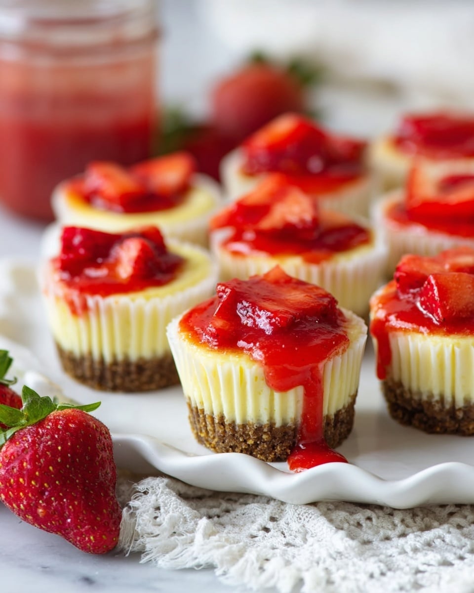 The image shows several mini cheesecakes in white paper liners arranged closely on a white scalloped-edged plate. Each mini cheesecake has three visible layers: a crumbly brown base layer, a creamy light yellow middle layer, and a glossy red strawberry topping with pieces of strawberries that drip slightly down the sides. The plate rests on a white textured cloth on a white marbled surface. There are fresh strawberries nearby and a blurry jar of strawberry sauce in the background. The overall look is bright and fresh with a focus on the dripping strawberry topping on the cheesecakes. photo taken with an iphone --ar 4:5 --v 7