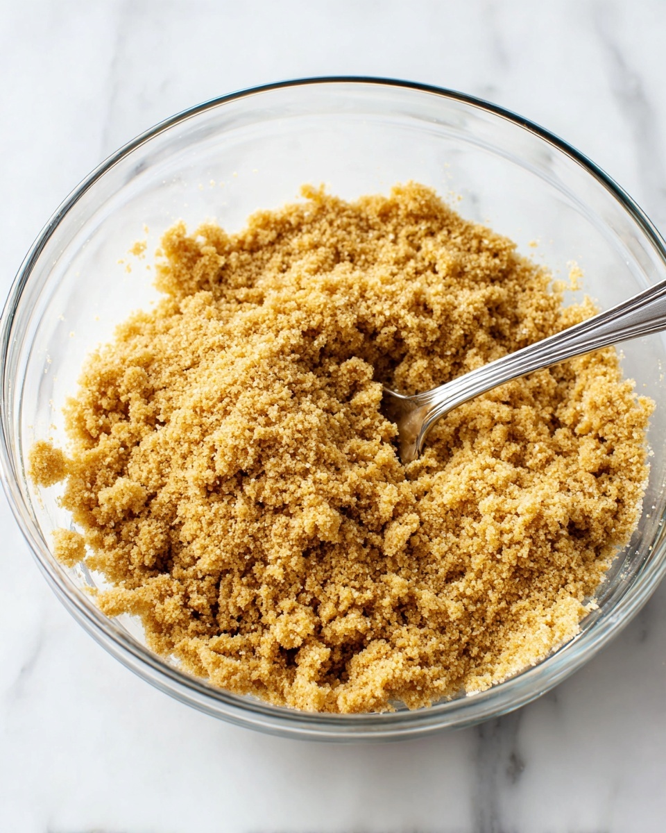 A clear glass bowl placed on a white marbled surface holds a crumbly golden-brown mixture with a coarse texture that looks like finely crushed crumbs. A shiny metal spoon is partially inserted into the mixture near the right side of the bowl, with its handle angled upwards and out of the bowl. The crumb mixture fills most of the bowl, creating small uneven mounds and clumps. Photo taken with an iphone --ar 4:5 --v 7