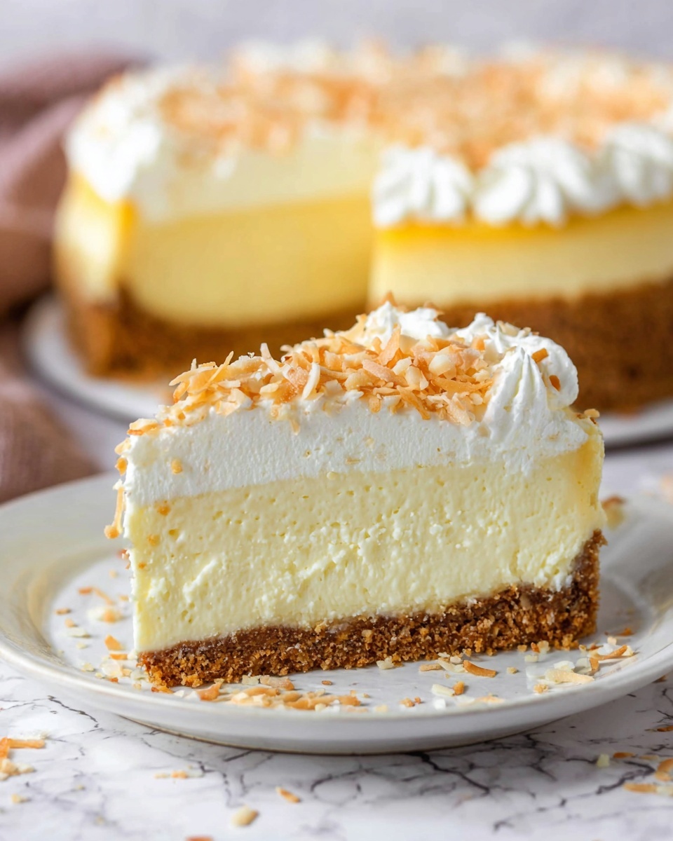 The image shows a slice of three-layered cheesecake on a white plate with a white marbled texture beneath. The bottom layer is a thick, crumbly brown crust. Above that is a thick, creamy pale yellow cheesecake layer. The top layer is a generous spread of white whipped cream, sprinkled with toasted light brown coconut flakes. In the background, there is a blurred view of the whole cheesecake with similar layers and topping. Photo taken with an iphone --ar 4:5 --v 7