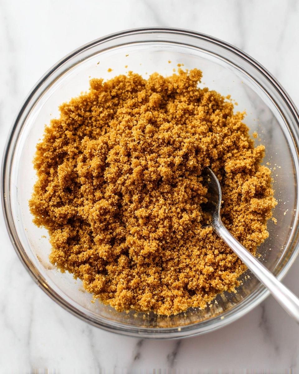 A clear glass bowl filled with a crumbly mixture in various shades of golden brown, showing a coarse texture made of small clumps and loose grains, with a silver metal spoon partially dipped into the mixture on the right side of the bowl, all set on a white marbled surface. photo taken with an iphone --ar 4:5 --v 7