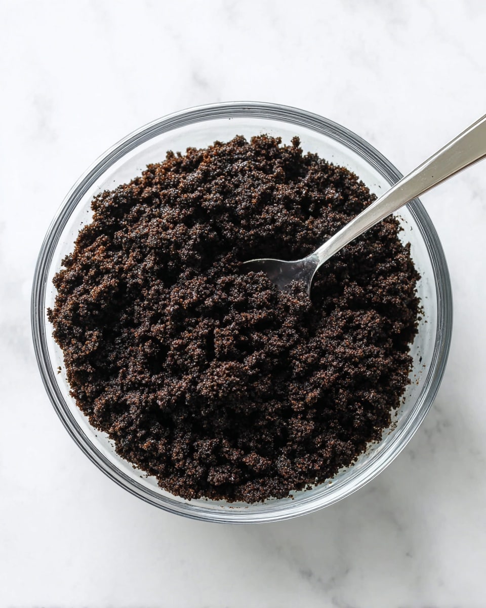 A clear glass bowl filled with dark brown crumbly mixture, resembling crushed chocolate cookies, with a smooth silver spoon partially placed inside the mixture. The bowl sits on a white marbled surface, creating a clean and bright background. The texture of the crumbs is coarse but moist, with some small chunks visible throughout. Photo taken with an iphone --ar 4:5 --v 7