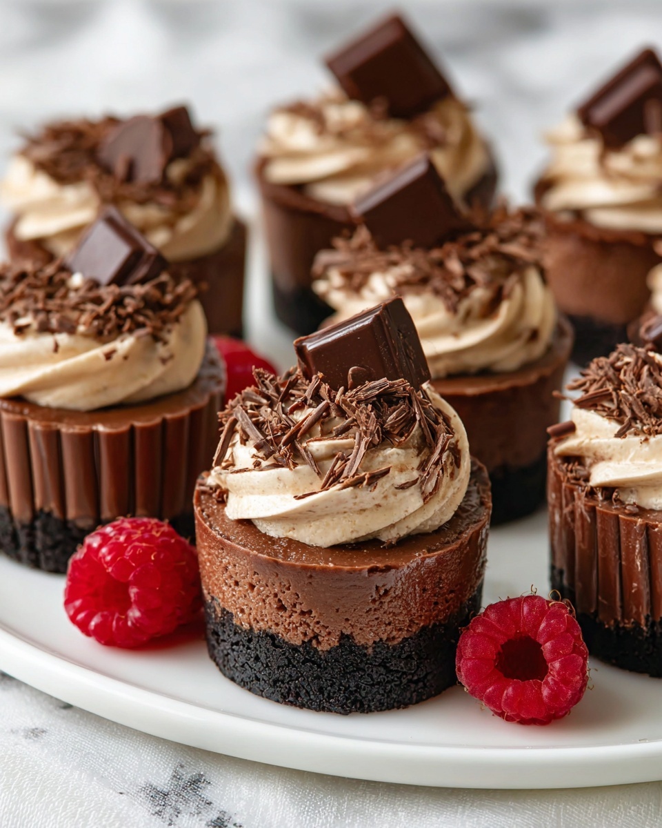 The image shows several small chocolate desserts arranged on a white plate with a white marbled texture background. Each dessert has three main layers: the bottom layer is dark and crumbly, likely a cookie crust; the middle layer is a smooth, thick chocolate filling with vertical ridges on the outer sides; the top layer is a swirl of light chocolate cream decorated with fine chocolate shavings. Some of the desserts have a small square dark chocolate piece inserted into the cream. A few fresh red raspberries are placed around the plate, adding a pop of color. Photo taken with an iphone --ar 4:5 --v 7
