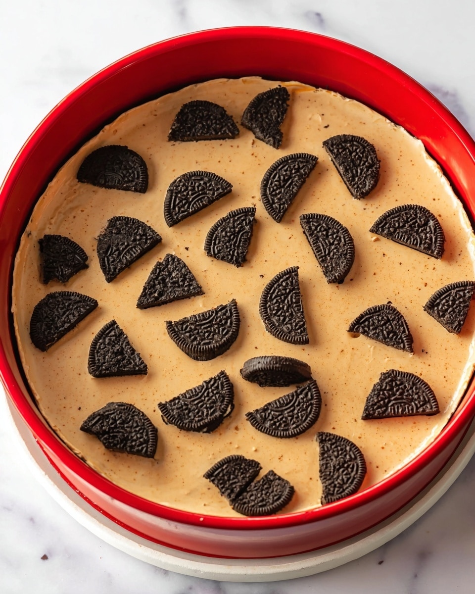 A close-up view of a smooth, creamy light brown cheesecake filling spread evenly in a red springform pan, topped with scattered black and dark brown Oreo cookie halves placed flat on the surface in a random pattern. The pan sits on a white plate, all set on a white marbled texture surface. The cheesecake layer looks thick with a soft texture, while the cookies add a crunchy contrast. photo taken with an iphone --ar 4:5 --v 7