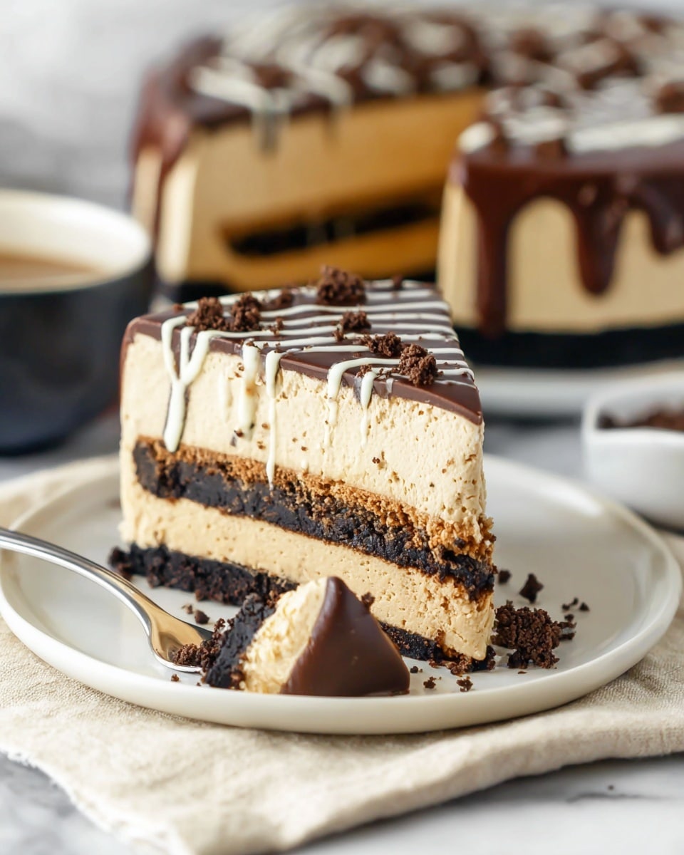 A slice of creamy, light brown layered dessert rests on a white plate, showing three layers of smooth filling separated by thin dark brown cookie crumb layers, with a thick dark crumb crust at the bottom. The top layer is covered with a shiny dark chocolate glaze, drizzled with white icing in neat lines, and sprinkled with more dark cookie crumbles along the edge. A small fork holds a neat, triangular bite-sized piece of the dessert on the right side of the plate, with the creamy filling and dark cookie crumbs visible. The plate sits on a light beige cloth over a white marbled surface, and a blurred whole dessert with similar colors is visible in the background. Photo taken with an iphone --ar 4:5 --v 7