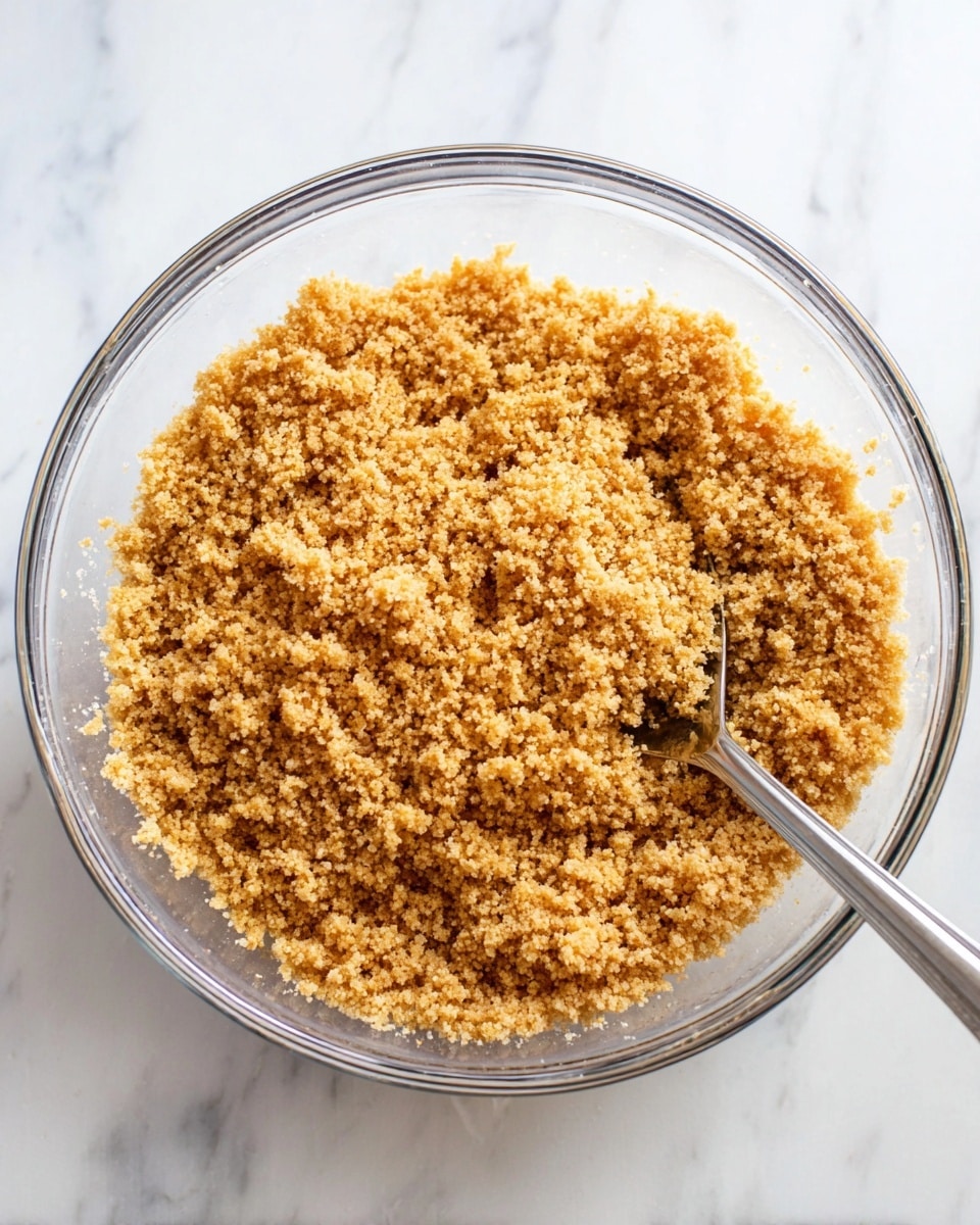 A clear glass bowl sits on a white marbled surface, filled with a single layer of golden brown crumbly mixture that looks coarse and grainy with small uneven clumps throughout. A silver metal spoon is partially buried on the right side of the bowl, with its handle resting on the rim. The crumb mixture has a dry texture and light variation in color, showing hints of light to medium brown. Photo taken with an iphone --ar 4:5 --v 7