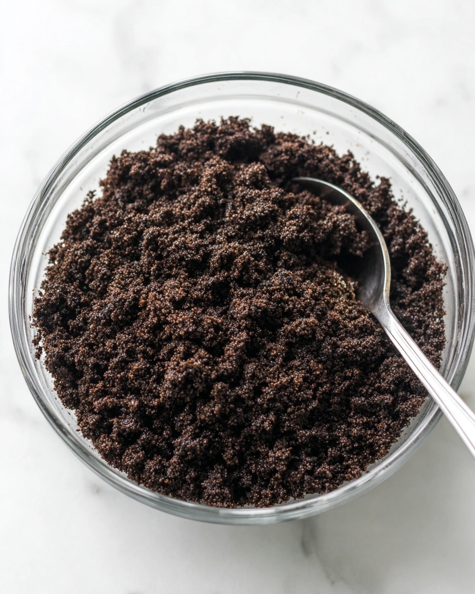 A clear glass bowl filled with dark brown, crumbly mixture that looks rough and textured like crushed cookies or chocolate crumbs. A silver spoon is partially placed in the bowl on the right side, and the bowl is set on a surface with a white marbled texture. The crumbly mixture appears loose with small and medium-sized clumps spread evenly inside the bowl. photo taken with an iphone --ar 4:5 --v 7