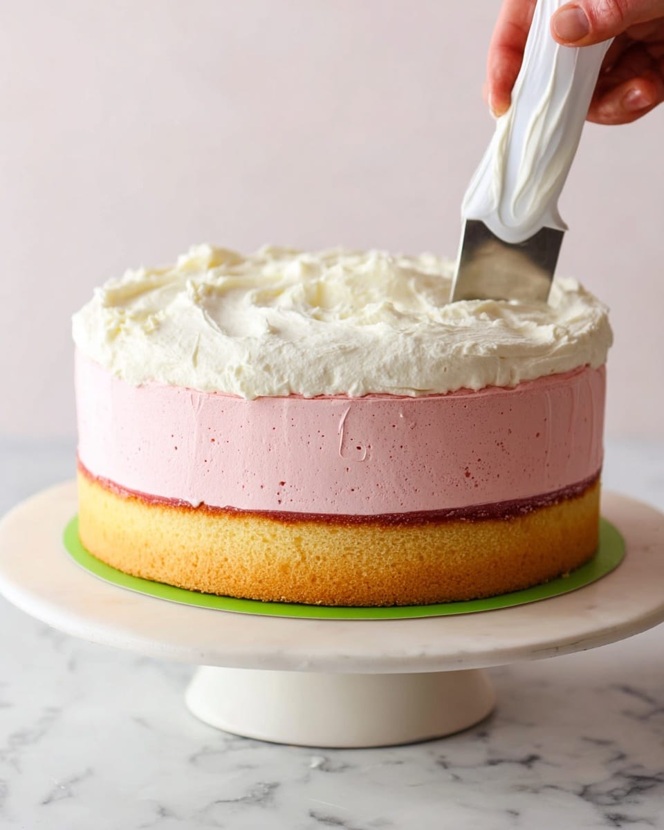 A three-layer cake sitting on a white stand with a green base, placed on a white marbled surface. The bottom layer is a thick, golden-brown sponge cake. The middle layer is a thick light pink mousse with a slightly rough texture and small holes, sitting on a thin dark pink layer just above the sponge. On top, a creamy white frosting is being spread with a cake spatula held by a woman's hand, creating soft peaks and swirls. The background is a soft, plain white. photo taken with an iphone --ar 4:5 --v 7
