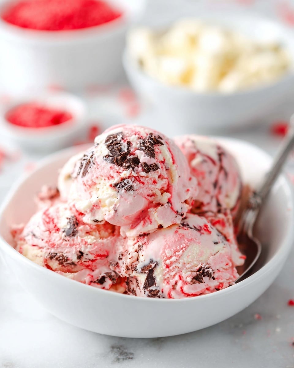 The image shows several scoops of pink and white creamy ice cream with visible pieces of crushed dark chocolate mixed inside. The ice cream looks soft and swirled with bright red streaks throughout, creating a marbled effect. The scoops sit in a white bowl with curved edges, placed on a white marbled surface. In the background, two blurred bowls are visible, one filled with small red pieces and the other with white chunks. A metal spoon rests inside the bowl with the ice cream. Photo taken with an iphone --ar 4:5 --v 7