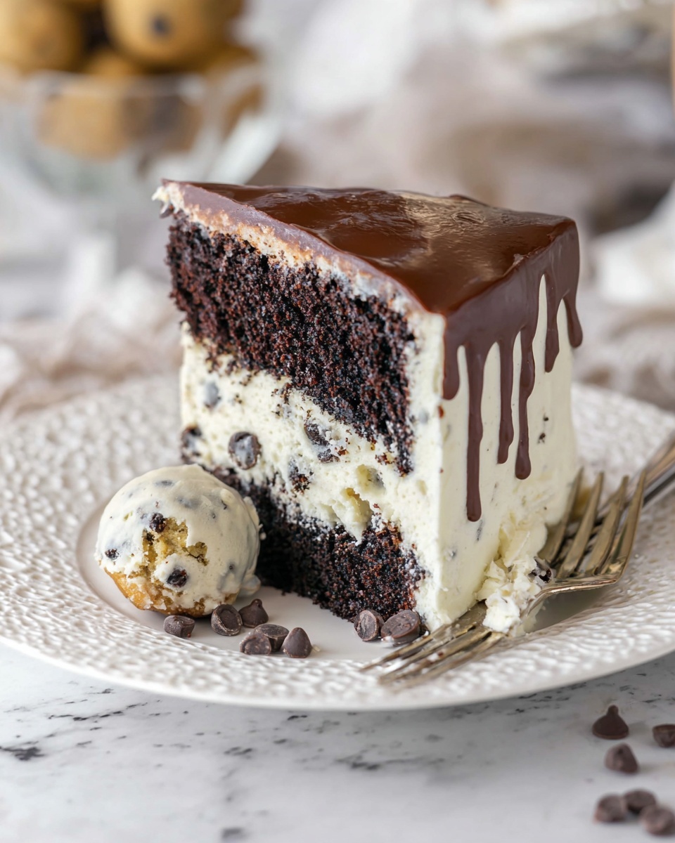A slice of two-layer cake sits on a white, lace-patterned plate over a white marbled surface. The bottom layer is dark chocolate cake with a moist, dense texture, topped by a thick, glossy dark chocolate frosting layer. Above the frosting is a thick layer of white, creamy frosting mixed with small chocolate chips, extending to the cake’s edge and covering the top. The top edge has a dark chocolate drip decoration. On the plate next to the cake slice is a small ball of dough with chocolate chips, with a white frosting swirl nearby. Small chocolate chips are scattered around the plate. A silver fork with some white frosting rests behind the cake slice. In the blurred background, there is a glass bowl containing similar dough balls. Photo taken with an iphone --ar 4:5 --v 7