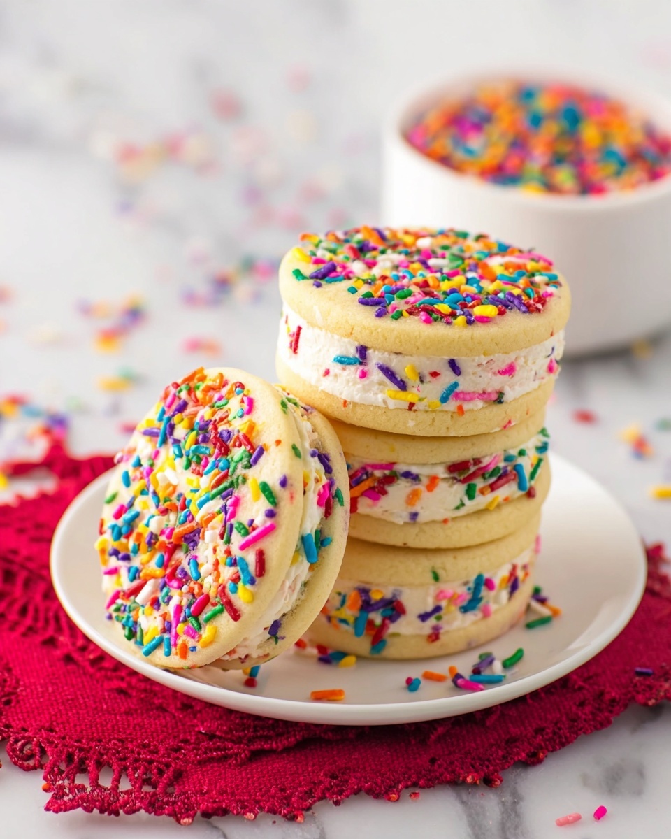 The image shows a stack of four round cookie sandwiches with light yellow cookie layers on top and bottom, and a white cream filling in the middle. The edges of the cream are covered with colorful sprinkles in red, blue, green, yellow, purple, orange, and white. One cookie sandwich leans against the stack on a white plate, and behind it, there is a white bowl filled with more sprinkles. The cookies and bowl sit on a white marbled surface with some loose sprinkles scattered around. A red cloth with decorative edges is partially visible under the plate. photo taken with an iphone --ar 4:5 --v 7