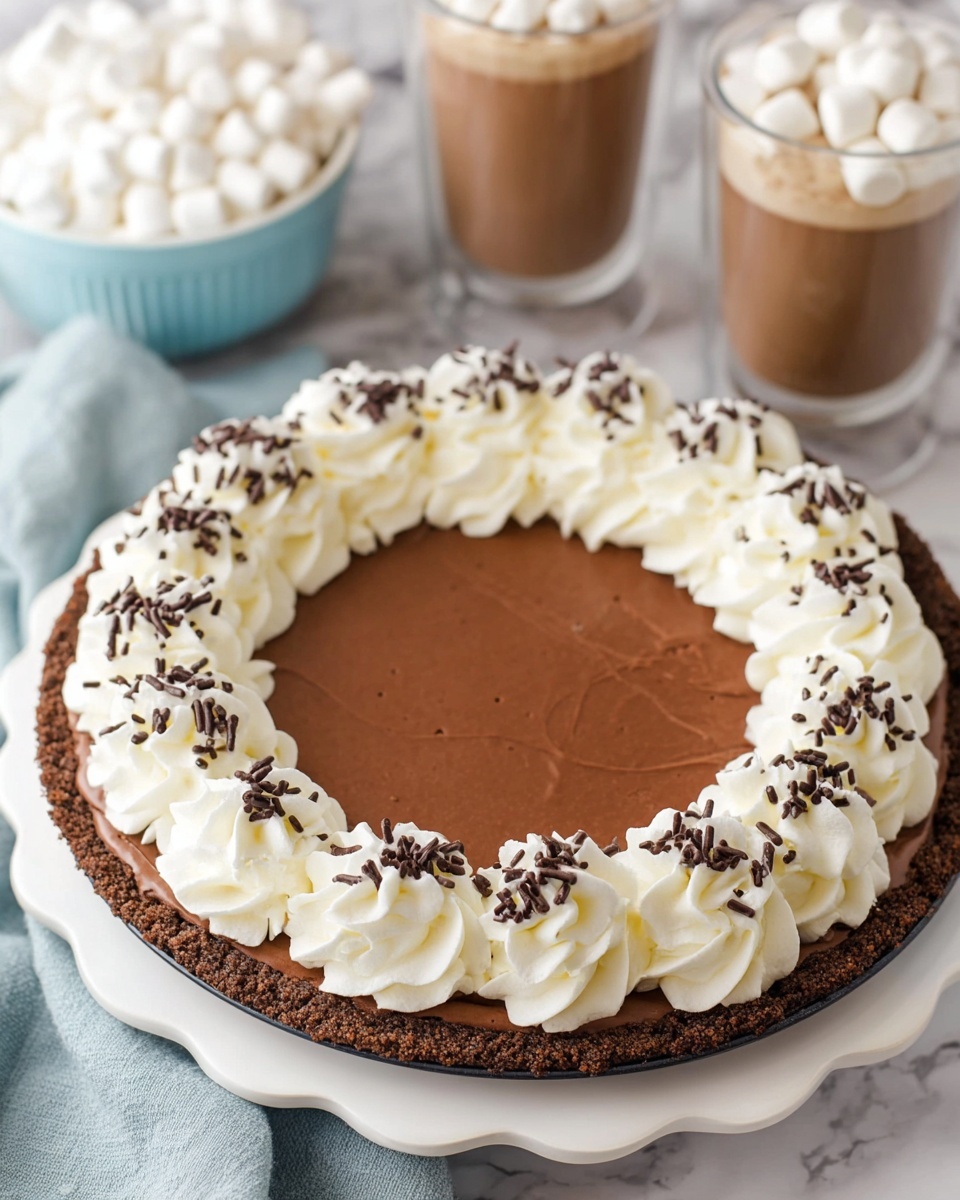 A slice of chocolate mousse pie with three main layers sits on a white plate with a detailed edge. The bottom layer is a dark, crumbly chocolate crust. Above it is a thick, creamy chocolate mousse mixed with white mini marshmallows, creating a textured middle layer. The top layer is a smooth, rich chocolate mousse. On top of the pie slice, there are two swirls of white whipped cream sprinkled with dark chocolate sprinkles. Next to the slice on the plate, two small white marshmallows rest. A silver fork lies on the right side of the plate. The scene has a soft focus with a white marbled surface underneath. In the blurred background, there is a light blue bowl filled with marshmallows and some brown drinks visible. photo taken with an iphone --ar 4:5 --v 7