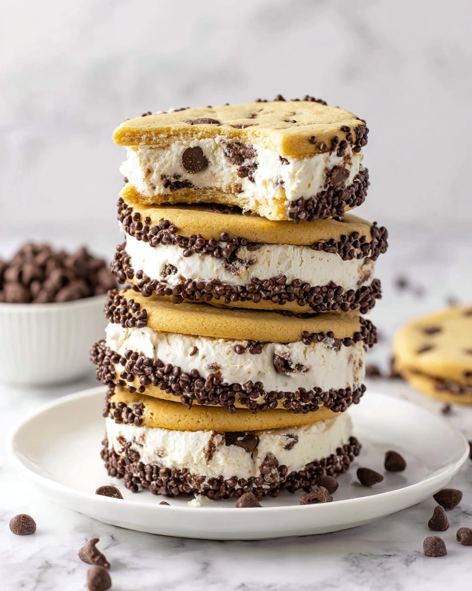 The image shows a stack of four ice cream sandwiches on a white plate placed on a white marbled surface. Each sandwich has two thick, golden chocolate chip cookies with dark chocolate chips, sandwiching a thick, creamy white ice cream layer. The sides of the ice cream are coated with small, dark chocolate chips, adding a textured look. The top ice cream sandwich is bitten, showing the creamy ice cream and chocolate chips inside the cookie. Some loose chocolate chips are scattered on the plate and surface. In the background, a white bowl filled with chocolate chips is slightly blurred. The photo taken with an iphone --ar 4:5 --v 7
