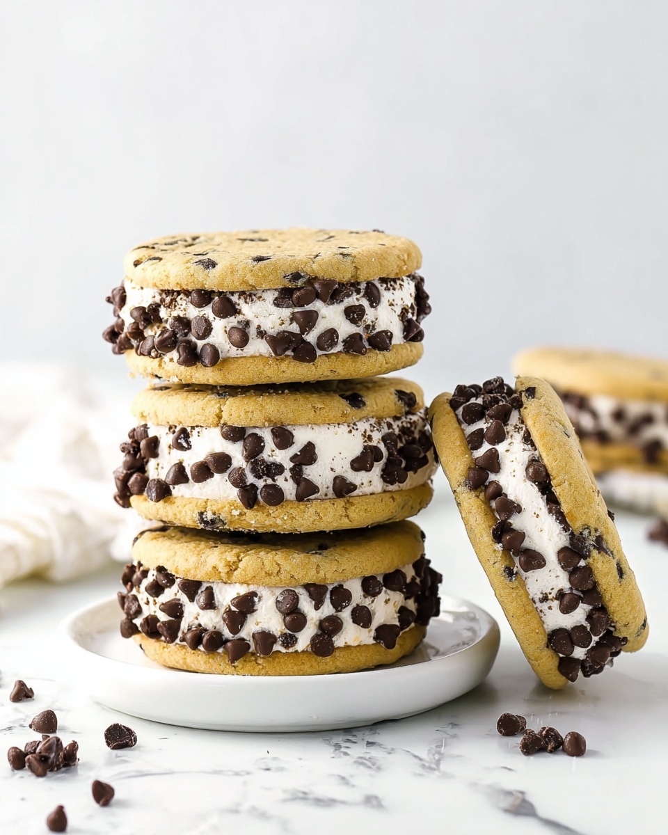The image shows four chocolate chip cookie ice cream sandwiches stacked on a white plate with a white marbled surface. Each sandwich has two round cookies as the top and bottom layers, which are light golden brown with chocolate chips baked into them. The middle layer is white ice cream, thickly coated with many small, dark chocolate chips pressed all around the sides. One sandwich is leaning against the stack, showing the layers clearly. A few loose chocolate chips are scattered on the plate and surface around them. The background is bright and clean with a white marbled texture. photo taken with an iphone --ar 4:5 --v 7