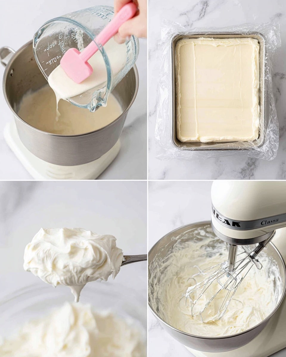 This image shows four steps of making a creamy mixture. In the top left, a woman's hand holds a pink spatula stirring a light beige liquid being poured from a glass measuring cup into a silver pot. In the top right, a rectangular metal pan is lined with clear plastic wrap, holding a smooth, thick pale cream spread evenly inside on a white marbled surface. The bottom left shows a white KitchenAid mixer with the name “Classic” on it, and a spoon holding a smooth, thick white dollop of cream right above the mixing bowl. The bottom right has the silver mixing bowl filled with fluffy, thick white cream on the whisk beaters, lifted above the bowl, against a white marbled background. photo taken with an iphone --ar 4:5 --v 7