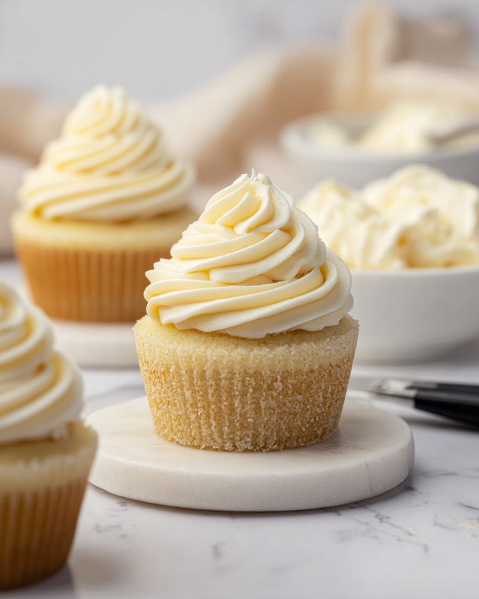 The image shows three vanilla cupcakes with two layers each. The bottom layer is a light beige, soft sponge cake with a slightly crumbly texture. The top layer is a thick swirl of smooth, creamy white frosting, piped neatly in a circular pattern. One cupcake sits on a small white marble plate in front, with two more cupcakes in the background, one on a white marble surface and the other in a white bowl filled with frosting. The setting has a clean, white marbled background with soft natural light. Photo taken with an iphone --ar 4:5 --v 7