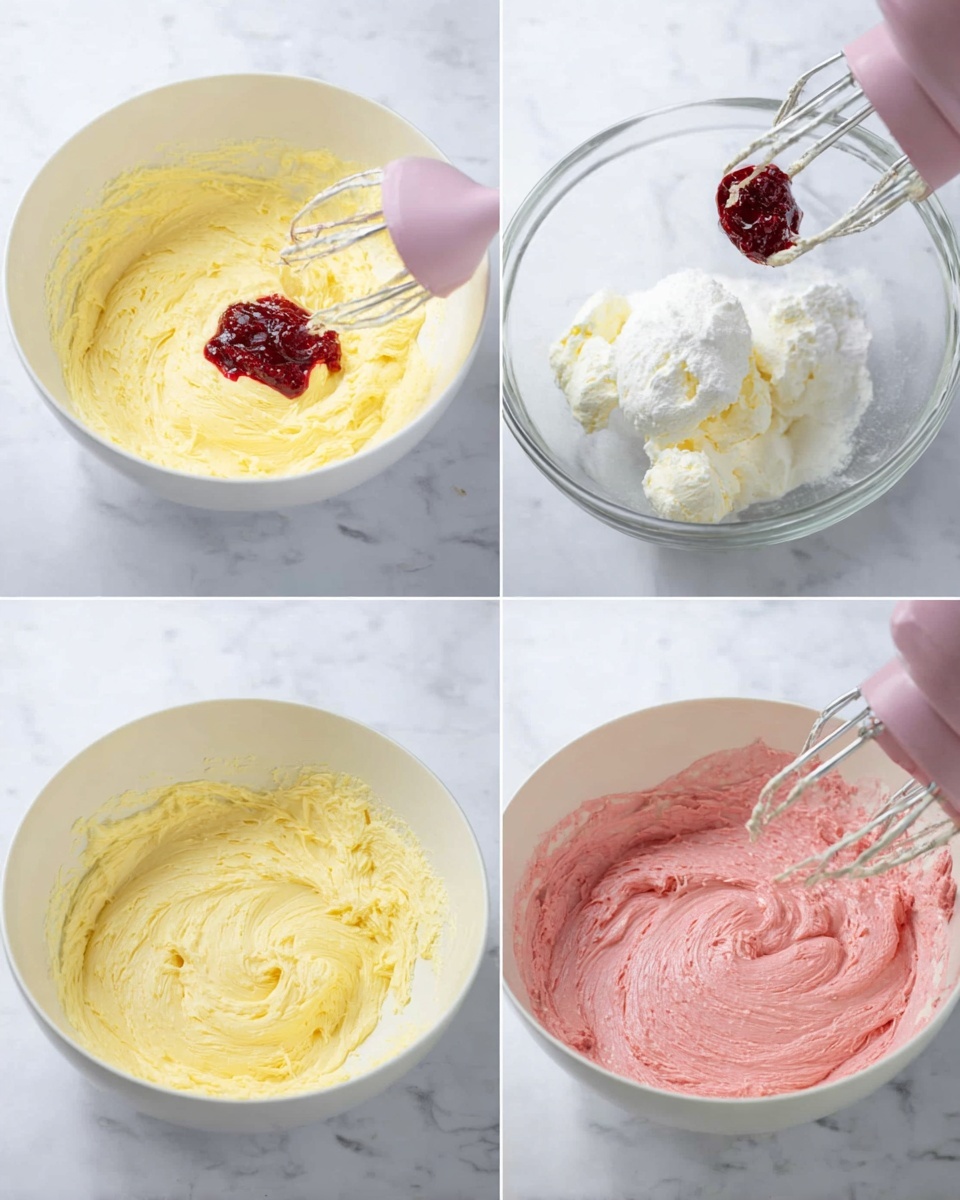 The image shows four stages of mixing ingredients in a large white bowl on a white marbled surface. The first stage has a creamy light yellow mix being beaten with an electric mixer, with white powdered sugar added from a glass bowl above. The second stage shows the fluffy mix with a scoop of white cream being held by a pink spatula above the bowl, with the mixer in view. The third stage has a spoonful of deep red jam held above the light yellow mixture as the mixer is still in the bowl. The final stage reveals a smooth, evenly mixed pink batter being whipped by the electric mixer. photo taken with an iphone --ar 4:5 --v 7