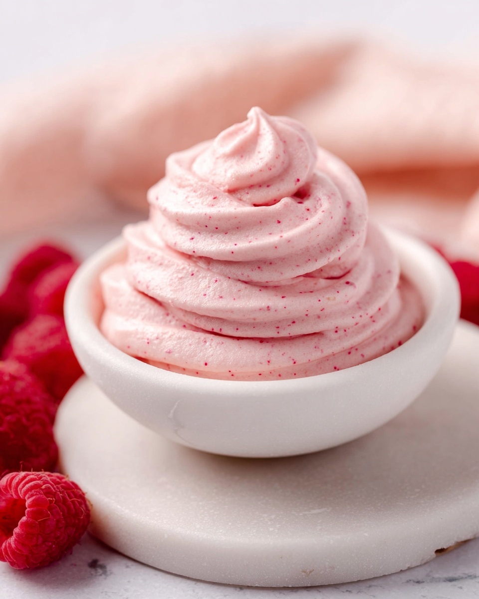 A small white bowl filled with three thick, soft swirls of smooth pink mousse stacked on top of each other, showing a creamy texture with tiny specks of darker pink inside. The bowl rests on a round white marble coaster, placed on a white marbled surface. In the background, red raspberries rest on a soft pale pink cloth, adding a fresh and gentle contrast. The lighting is bright and soft, highlighting the mousse's fluffy and airy feel. Photo taken with an iphone --ar 4:5 --v 7