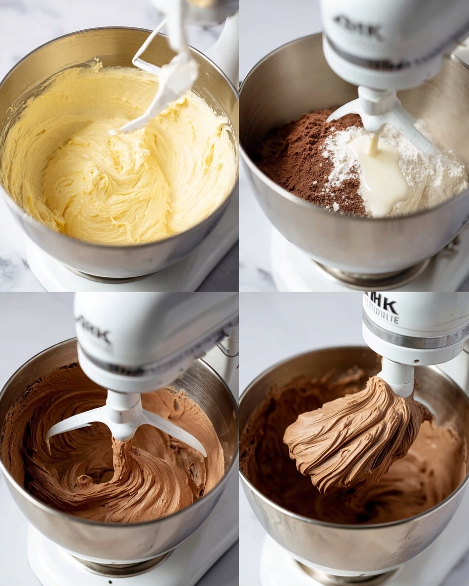 The image shows four steps of making chocolate frosting in a silver mixing bowl on a white marbled surface. The first step is a close-up of a creamy pale yellow mixture being mixed by a white beater attached to the mixer. The second shows a spoon holding a brown and white powder mix above the bowl, with the mixer in the background. The third step shows a tablespoon of white liquid being poured into the dark brown mixture in the bowl. The last step reveals thick, light brown chocolate frosting wrapped around the white mixer beater, showing a smooth and fluffy texture. Photo taken with an iphone --ar 4:5 --v 7
