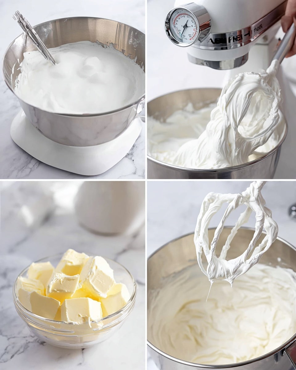 A collage of four images shows the process of making thick white cream. The first image has a silver bowl over a pot with a metal thermometer inserted in a foamy white liquid. The second image shows a woman's hand holding a mixer whisk covered with glossy white peaks above a large silver bowl on a white marbled surface. The third image shows a silver spoon holding several soft yellow butter chunks in front of a large silver mixing bowl attached to a standing white mixer. The fourth image focuses on a white mixer beater coated with thick white cream lifted above a large silver bowl filled with the same cream. photo taken with an iphone --ar 4:5 --v 7