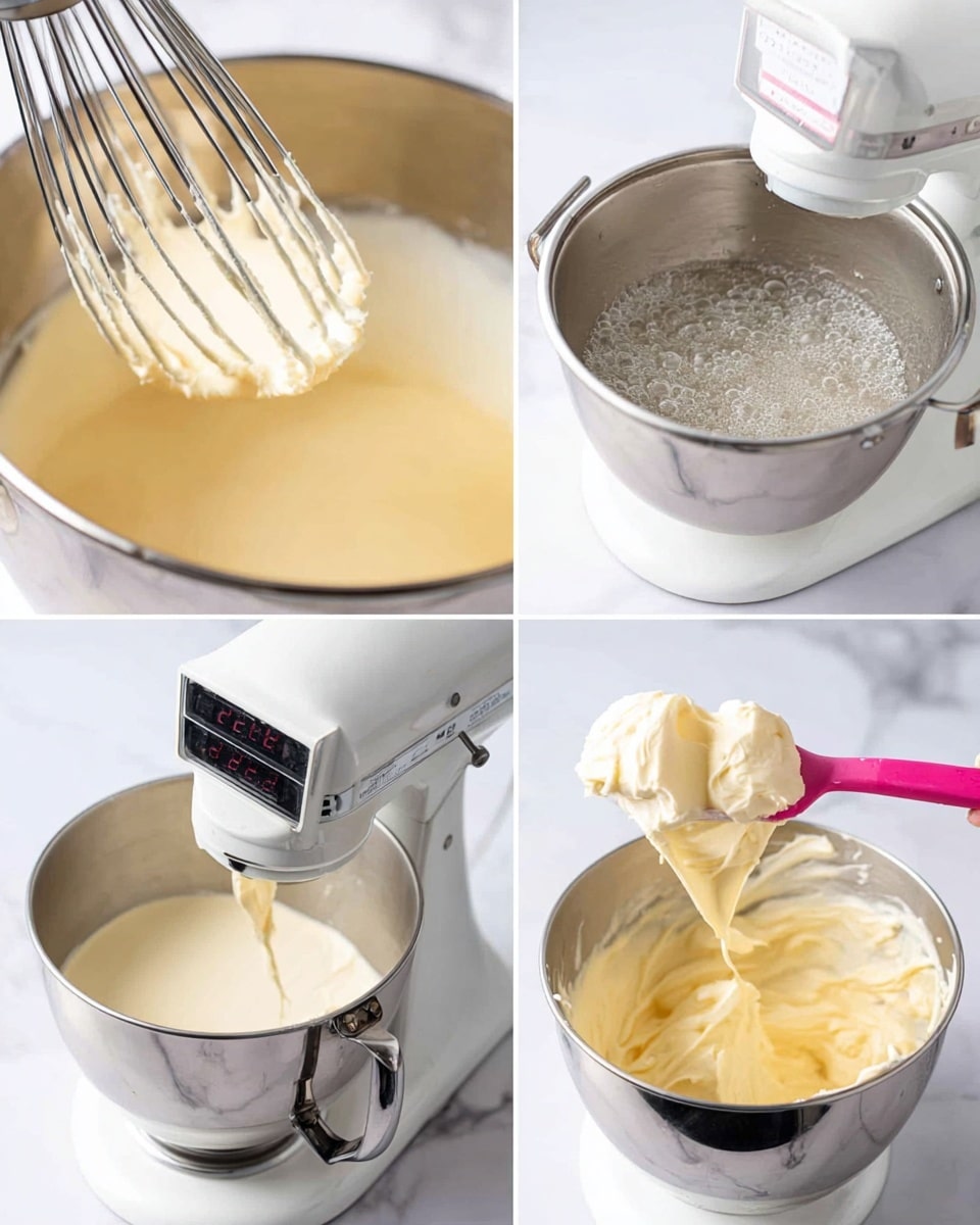 The image shows four stages of making a creamy mixture using a metal mixing bowl and a stand mixer against a white marbled surface. The first stage is a close-up of a whisk attachment lifting a smooth, light yellow creamy batter above the bowl. The second stage shows a metal pot with clear bubbling liquid and a digital thermometer inside. The third stage captures a white stand mixer with a metal bowl attached, and a pink spatula holding soft yellow butter being added to the bowl. The last stage shows the whisk attachment coated with thick, pale yellow creamy mixture just above the bowl. photo taken with an iphone --ar 4:5 --v 7