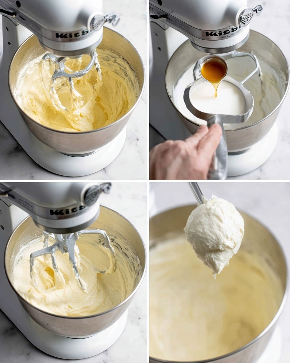 A collage of four close-up photos shows the process of making a creamy mixture in a silver metal mixing bowl attached to a white KitchenAid mixer on a white marbled surface. The first photo displays a thick, pale yellow creamy mixture being mixed with a paddle attachment inside the bowl. The second photo shows a woman's hand holding a silver tablespoon filled with white liquid above the bowl containing the creamy mixture. The third photo captures a woman's hand holding a silver tablespoon with amber-colored liquid next to the mixing bowl. The last photo shows the paddle attachment lifted out of the bowl with a large dollop of the smooth, thick creamy mixture hanging from it. Photo taken with an iphone --ar 4:5 --v 7