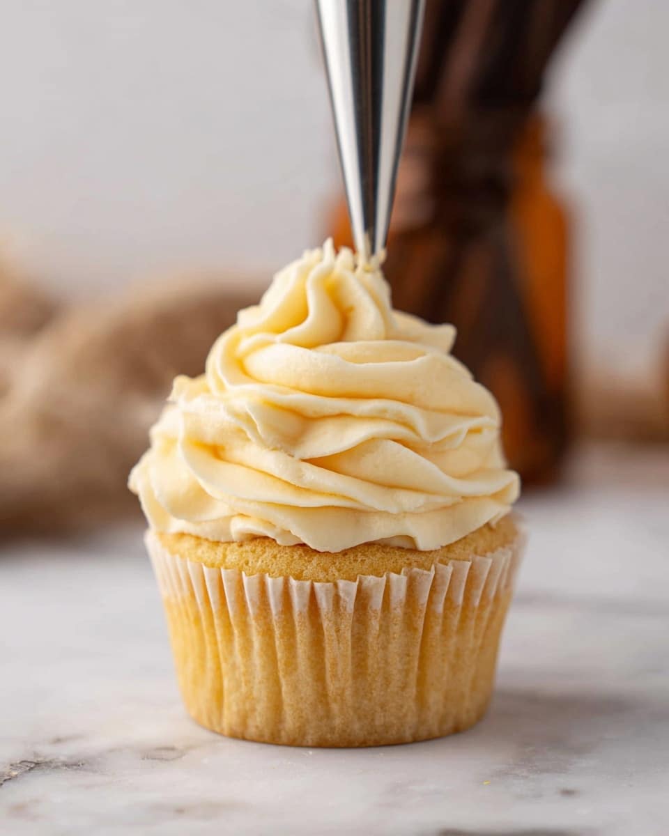 A single cupcake with a golden brown base wrapped in a translucent paper liner sits on a white marbled surface. The cupcake has one thick layer of light yellow cream frosting on top, swirled in large, smooth waves that form soft peaks. A metal piping tip is gently pressing into the center of the frosting, showing the process of decorating. The background is blurred but hints at dark sticks and a brown glass jar, adding warmth to the scene. Photo taken with an iphone --ar 4:5 --v 7
