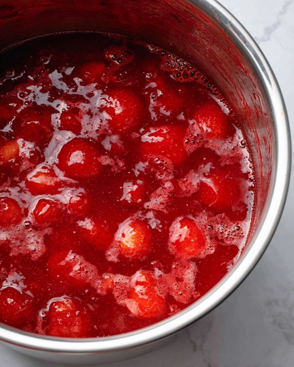 The image shows a close-up of a pot filled with bright red strawberry jam that looks thick and shiny. The jam has many chunks of strawberries visible, surrounded by a glossy syrup, and small bubbles are rising to the surface. The inside of the metal pot is clean with some splashes of jam on the sides. The background has a white marbled texture. Photo taken with an iphone --ar 4:5 --v 7