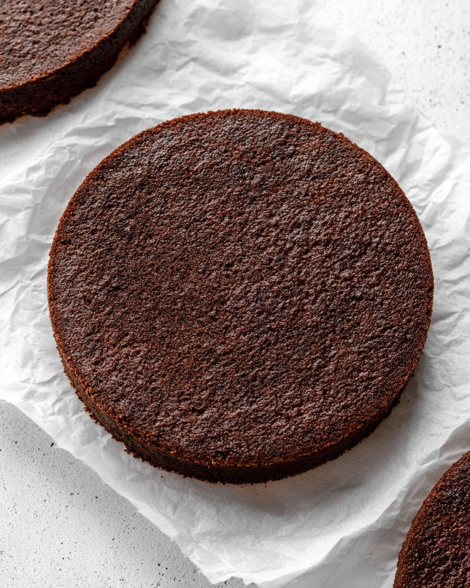 The image shows one round chocolate cake layer with a rough, slightly crumbly texture on the top surface. The cake layer is dark brown and thin, sitting directly on crumpled white parchment paper, which lies on a white marbled surface. The edges are smooth and clearly defined, and the cake looks soft and moist. Another similar cake layer is partially visible on the left side of the image. photo taken with an iphone --ar 4:5 --v 7